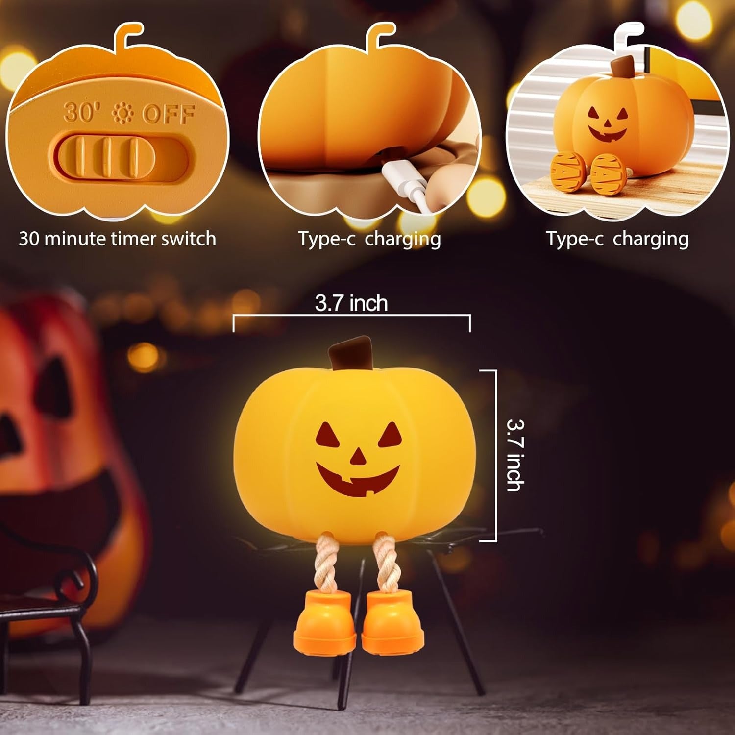 Halloween-themed pumpkin-shaped product with features highlighted